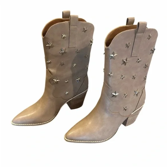 Ccocci Star Studded Western Booties Size 7 Taupe Pull On Pointed Toe Block Heel - Picture 3 of 13